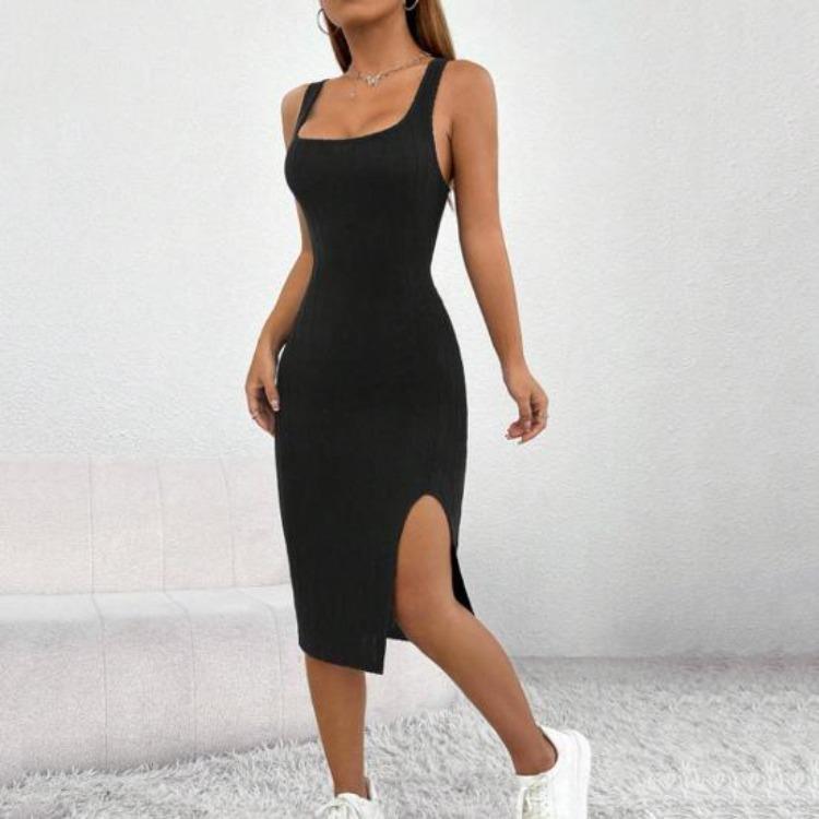 Summer Women Sleeveless Square Neck Sheath Dress Solid Color Elastic Side Split Skinny OL Commute Breathable