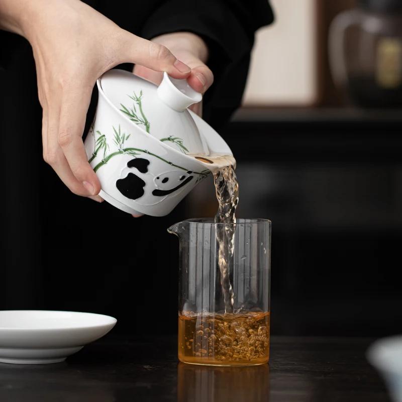 280ml Chinese Hand-painted Panda Ceramic Gaiwan White Porcelain Teacup Household Handmade Tea Bowl Travel Portable Teaware