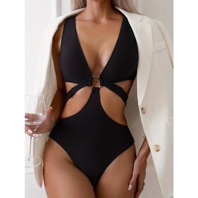 Criss Cross Cut Out Notched Ring One-piece Swimsuit, Solid Color Stretchy Deep V Neck Bathing Suits, Women's Swimwear & Clothing