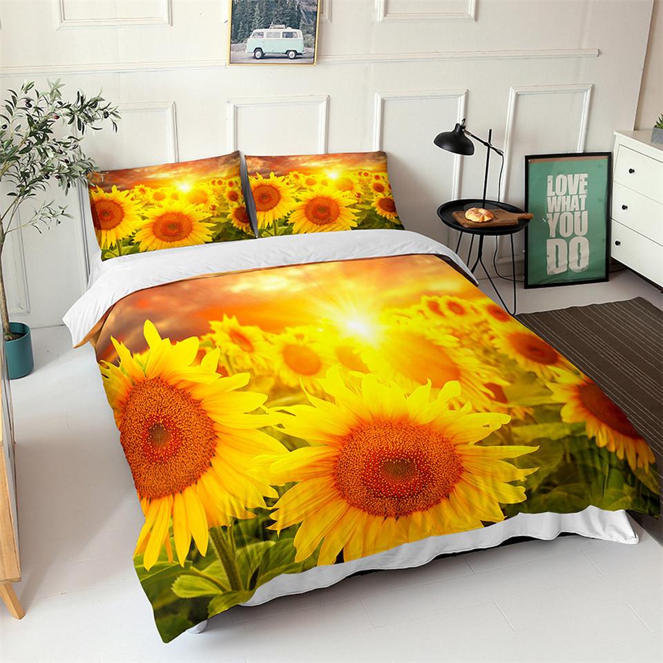 Sunflower Duvet Cover Set Yellow Flower Twin Bedding Set Polyester Black Gold Yellow Sunflowers Print Quilt Cover For Kids Teens