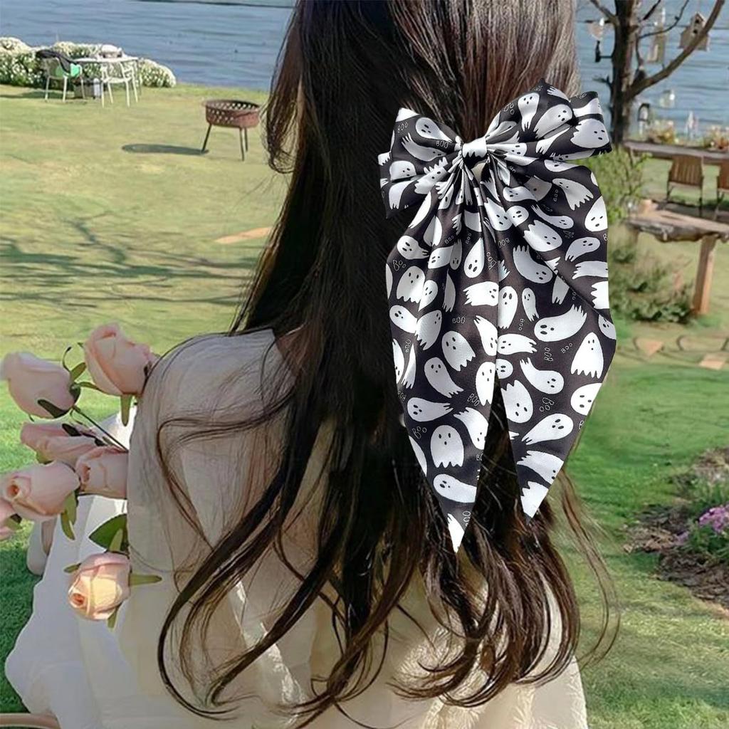 1pc Chic Halloween-Themed Bow Hair Clip - Black & White with Spooky Ghosts & Pumpkins Design, Silky Polyester