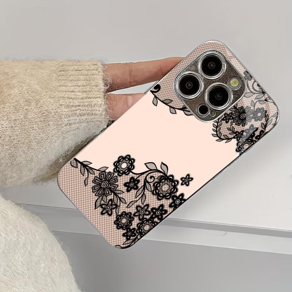 Luxury Pink Black Lace Floral phone case mobile phones for iphone 17 pro max cover Glass for iPhone 17 16 15 14 13 12pm Pro Plus