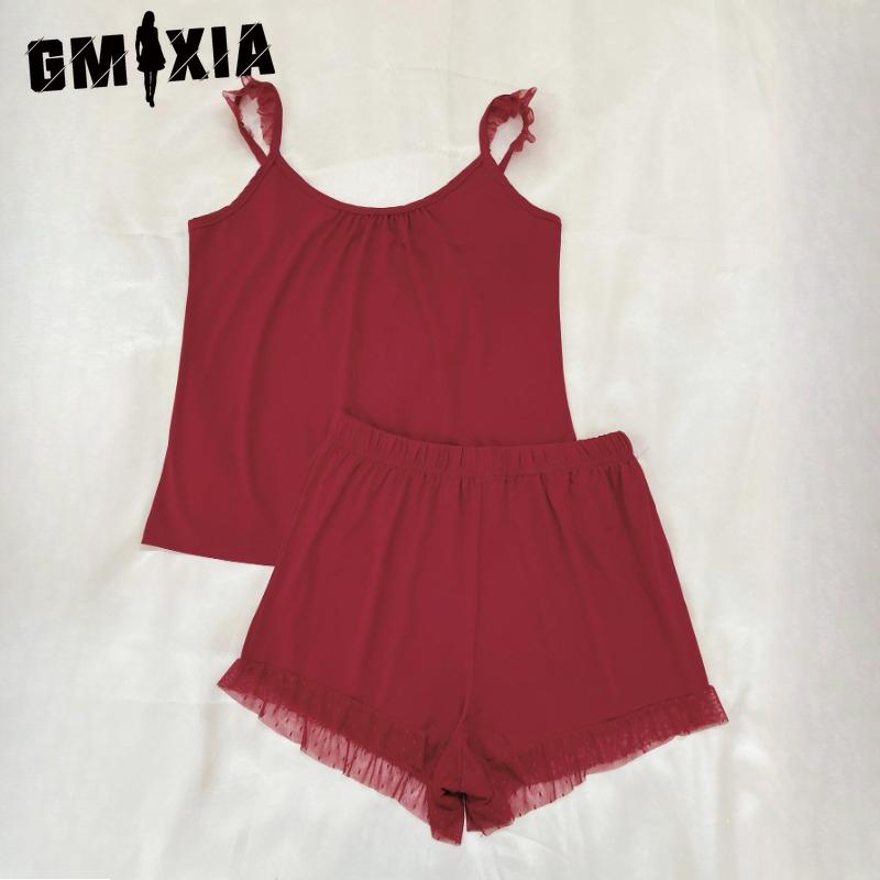 

GMXIA Женская домашняя одежда Сексуальный комплект пижамы из двух частей с шортами и отделкой кружевом на бретелях XL красный