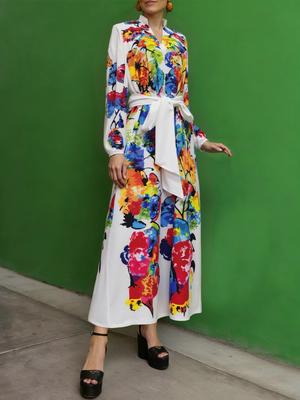 Elegant Women's V-neck Belted Print Dress - 2025 Fashion Collection