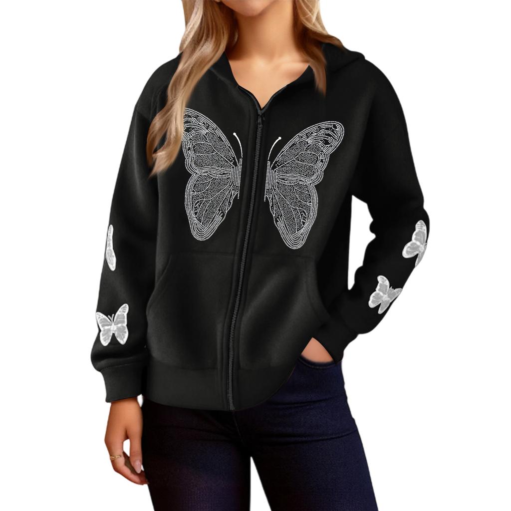Women's Casual Loose Winter Butterfly Zipper Hooded Long Sleeve Pocket Jacket