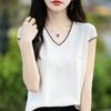 Updated Summer Color-blocking Pure Cotton Short-sleeved Womens V-neck Relaxed Fit Short Outerwear T-shirt Versatile Womens Sweater Top