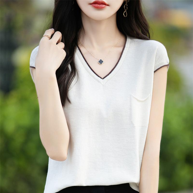 Updated Summer Color-blocking Pure Cotton Short-sleeved Womens V-neck Relaxed Fit Short Outerwear T-shirt Versatile Womens Sweater Top