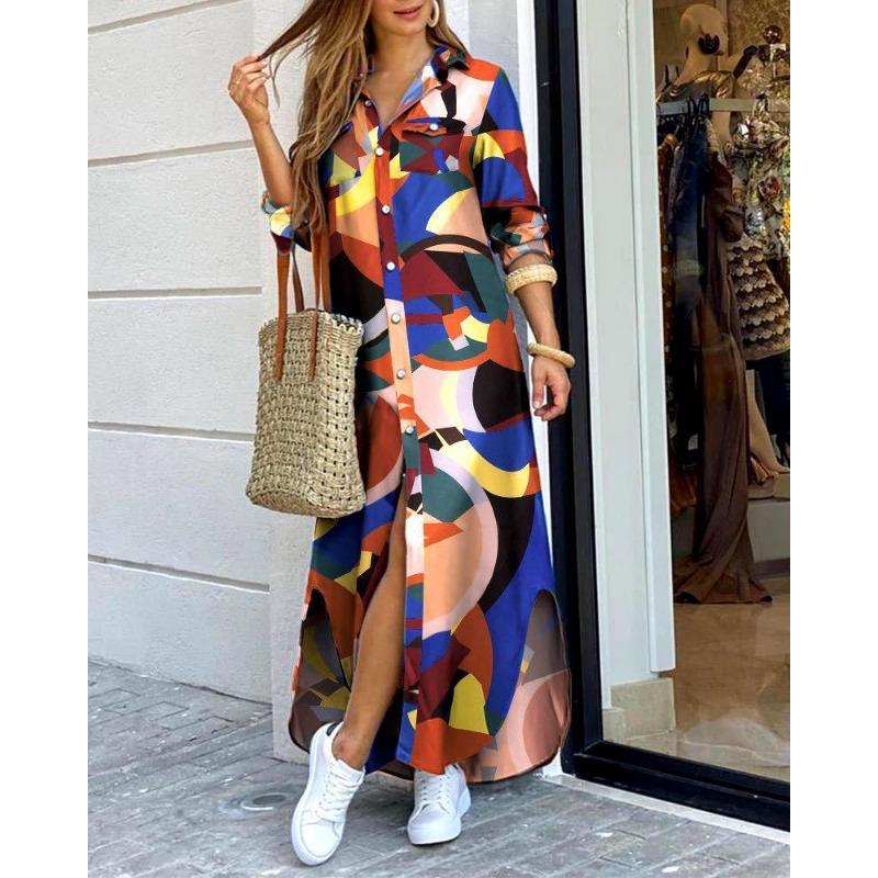 Moda Primavera e Autunno EastRogue Camicia Sexy Monopetto Gonna Lunga Abito Ampio con Revers