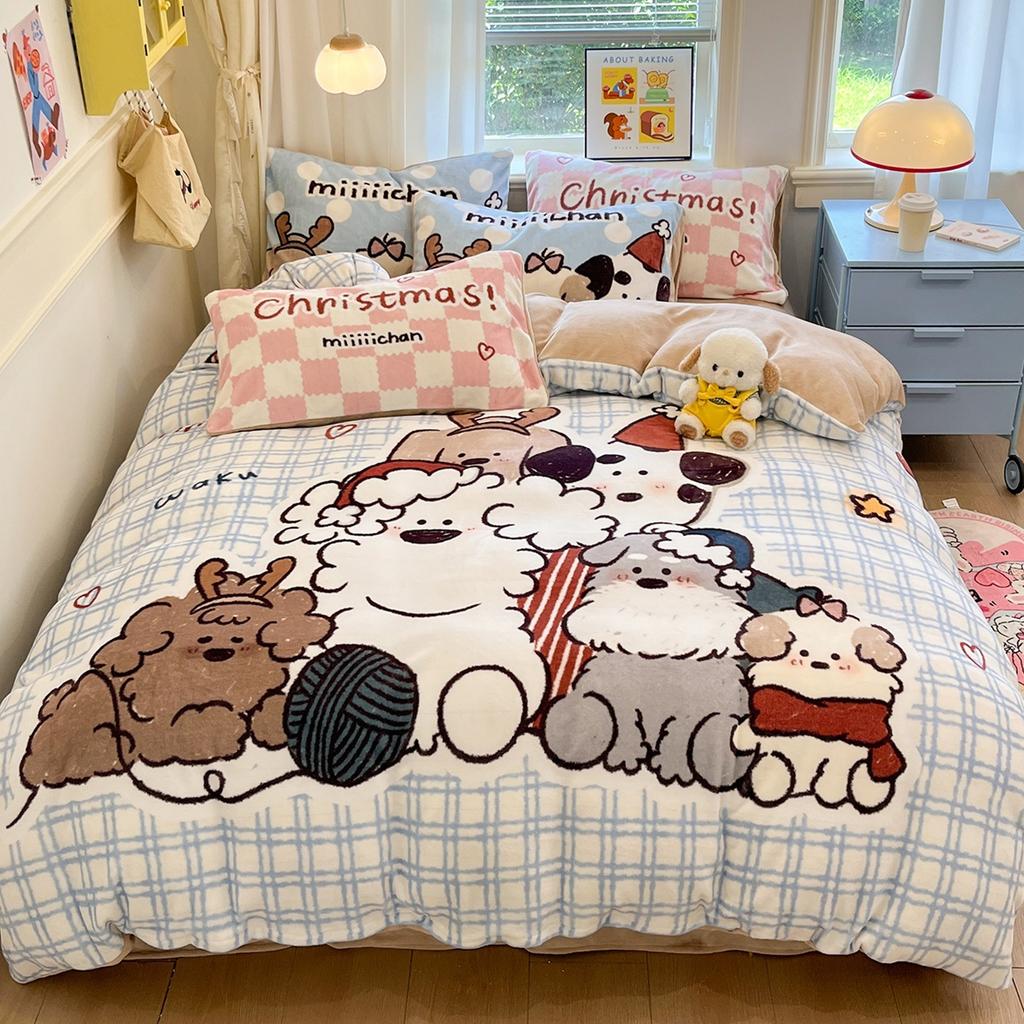 Thickened Milk Fleece Bed Four-Piece Set Coral Flannel Quilt Cover Children'S Bedding Sheets Three-Piece Set