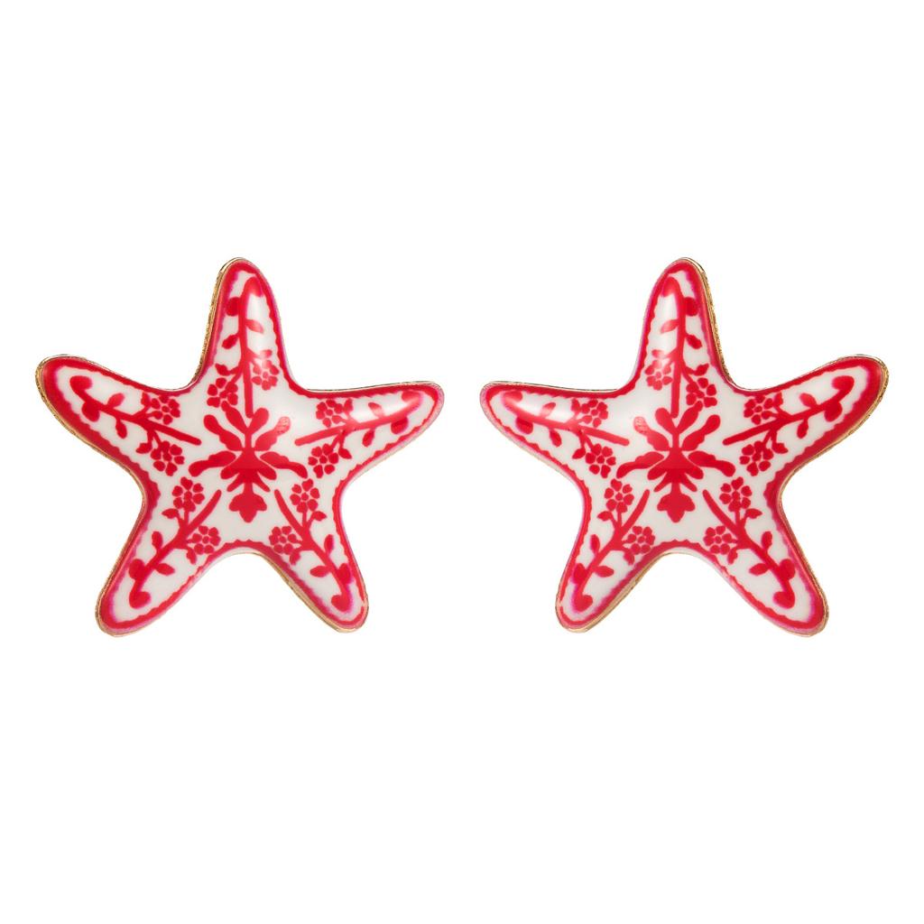 Colorful Blue and White Porcelain Starfish Earrings Unique Niche Design Beach Vacation Style Earrings for Women