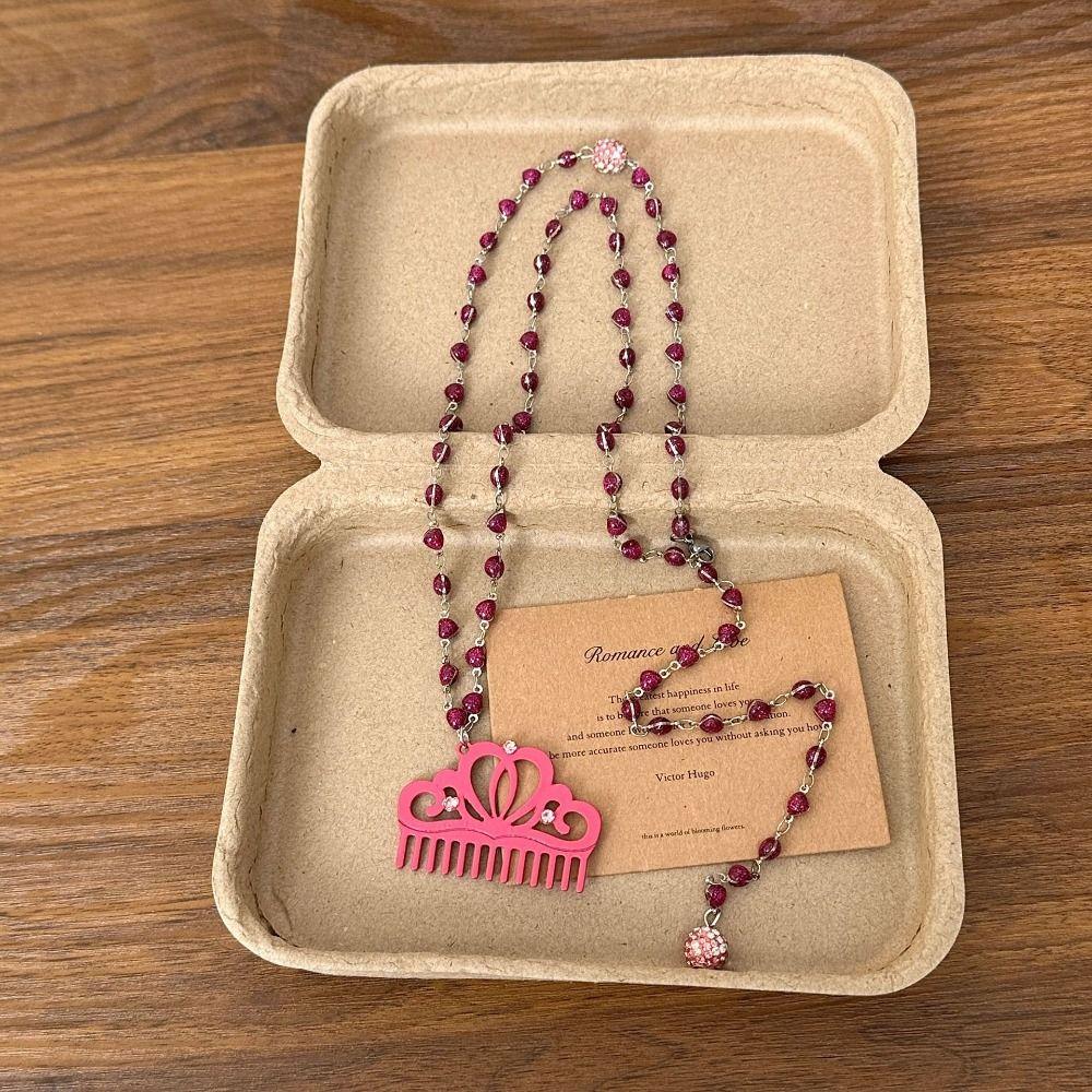Long Chain Comb Pendant Necklace Rhinestone Decor Acetate Necklace For Girls