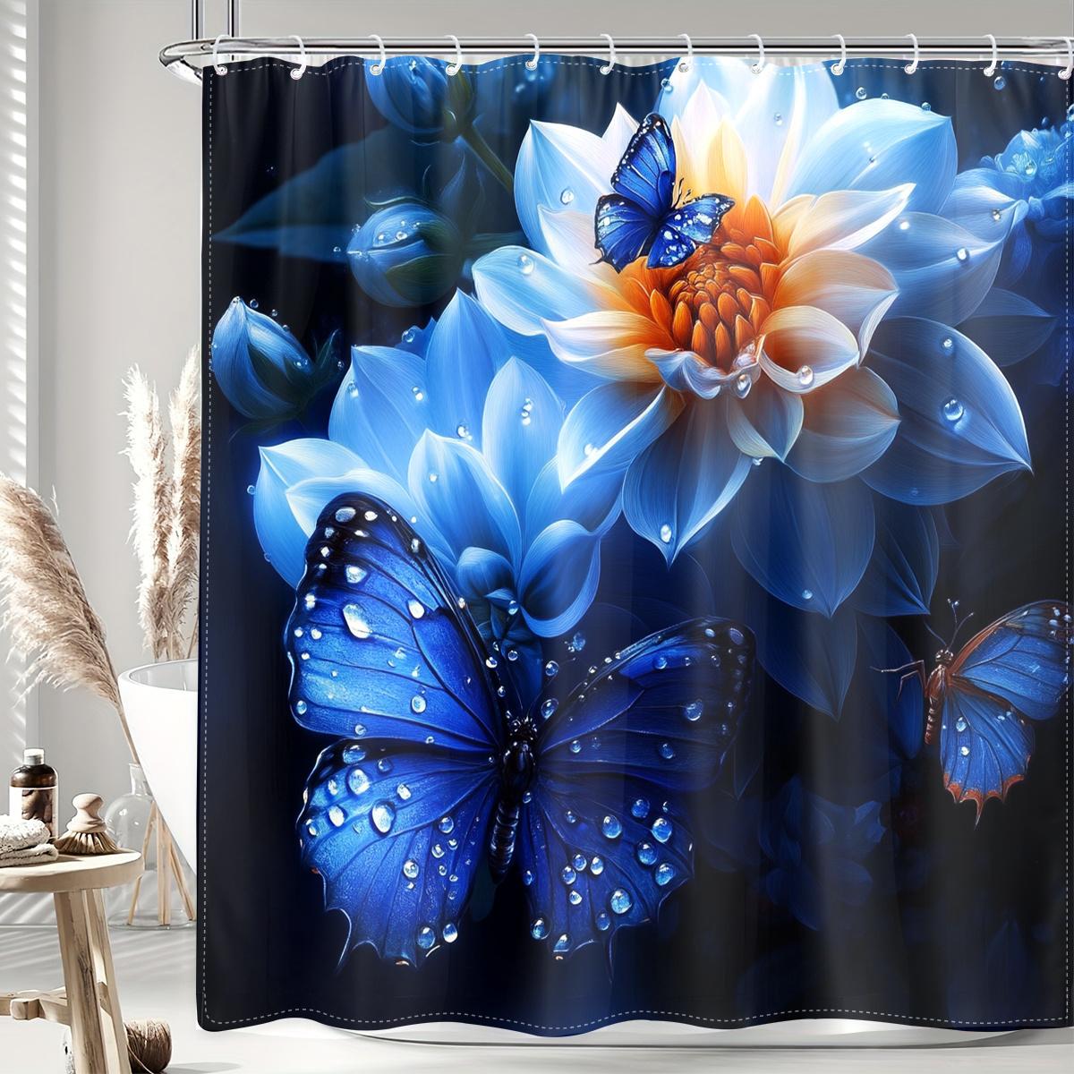 

1Pc Dark Blue Floral Themed Digital Printed Shower Curtain, Made Of Polyester Fabric With Hooks, Bathroom Accessories, Suitable W60H190(CM)-1 Pcs