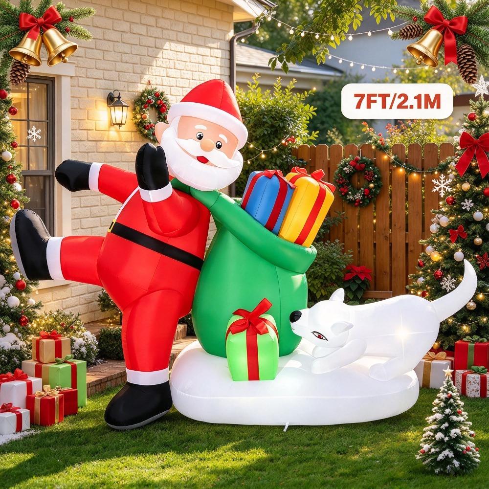 7FT/2.1M Inflatable Santa Claus Leaning on Gift Bag with White Dog, Outdoor Yard Decor