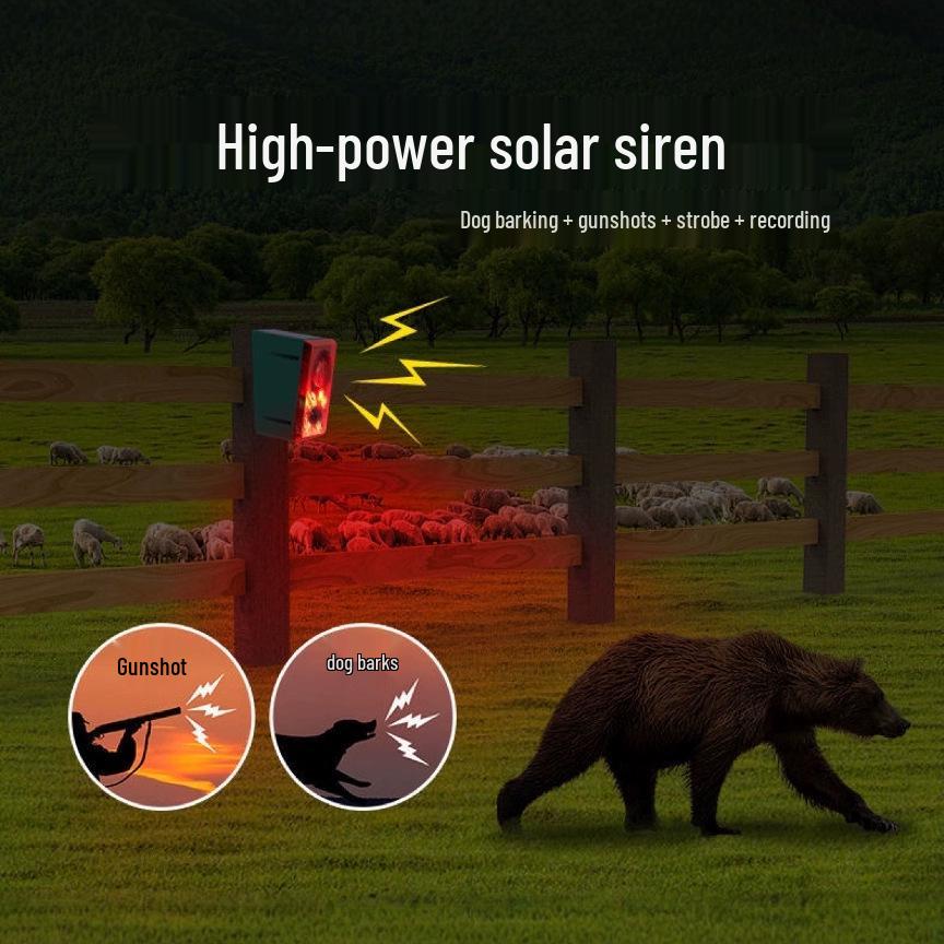 Solarbetriebener Wildschrecken: Tierabwehr für den Außenbereich mit Hundegebell, Schussgeräuschen, Infrarot-Bewegungssensor & zeitgesteuertem Blinklicht