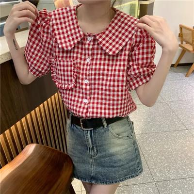 Fashionable Plaid Doll Collar Shirt New Women's Age-reducing Single-breasted Short-sleeved Cardigan Top