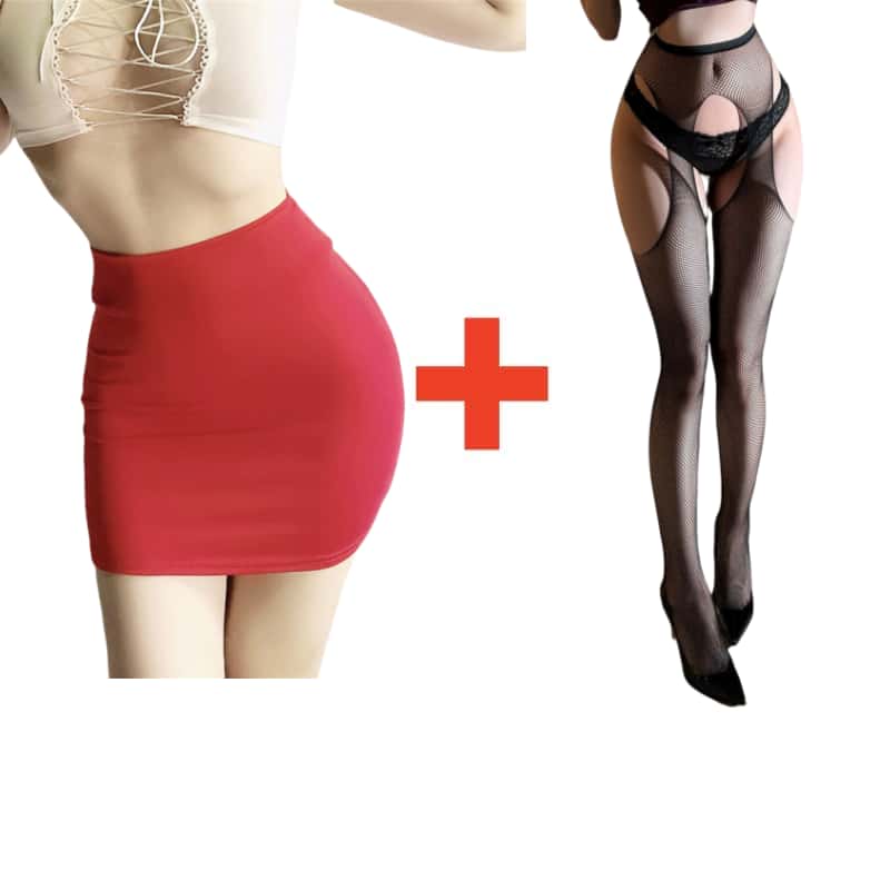 2PCS/SET Women High Waist Pencil Mini Skirts+Stockings Dress Set,Sexy Casual Wrap Hips Black Short Skirt and Pantyhose