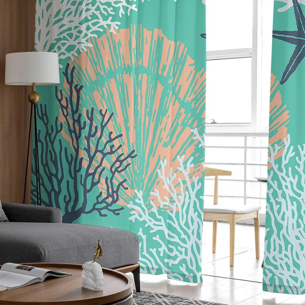 Aqua Green Marine Coral Starfish Κρεβατοκάμαρα Διαφανείς διαφανείς κουρτίνες Εορταστική διακόσμηση Παράθυρο Voile Κουρτίνα από τούλι