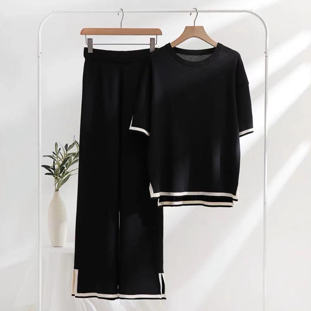 Womens Knit 2 Piece Sweater Sets Short Sleeve Pullover Tops Elastic Waist Wide Leg Pants Women Set