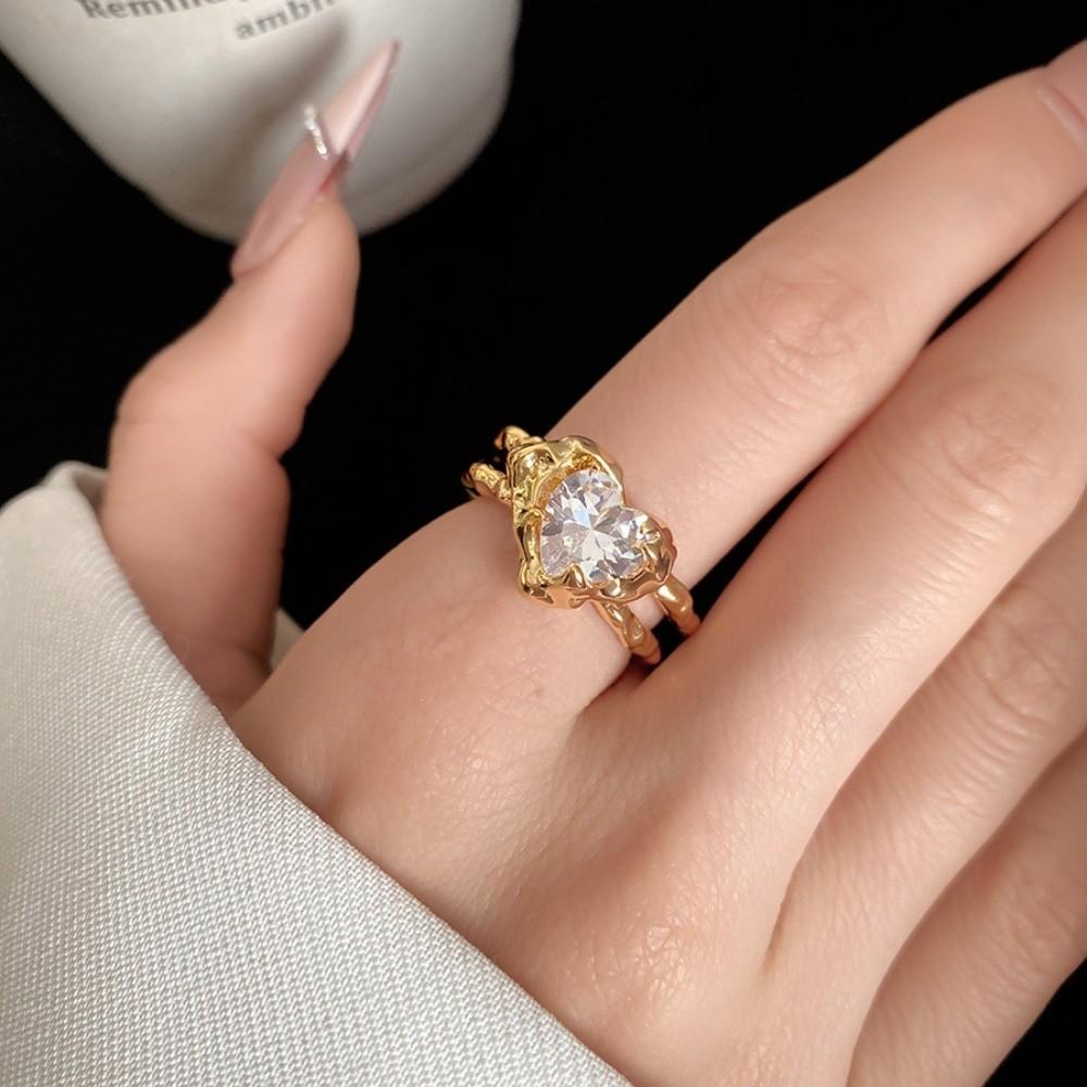 Opening Vintage Crystal Love Ring Rhinestone Opening Finger Ring Pleated Heart-shaped Ring Ladies