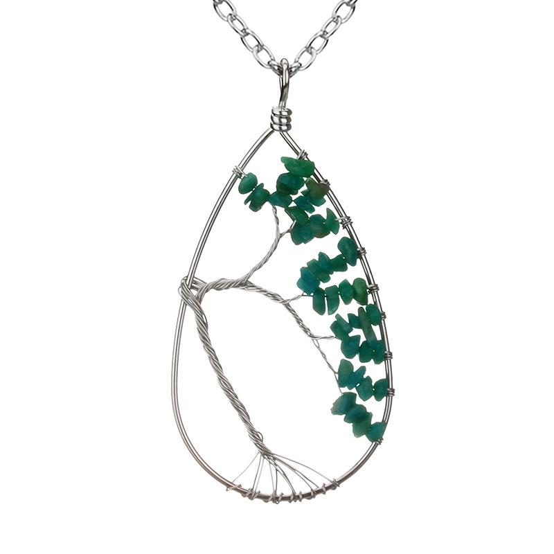 Handmade Silver Wrapped Copper Wire Crushed Stone Tree of Life Necklace, Water Drop Natural Stone Design, Bent Tree of Life Necklace N28.