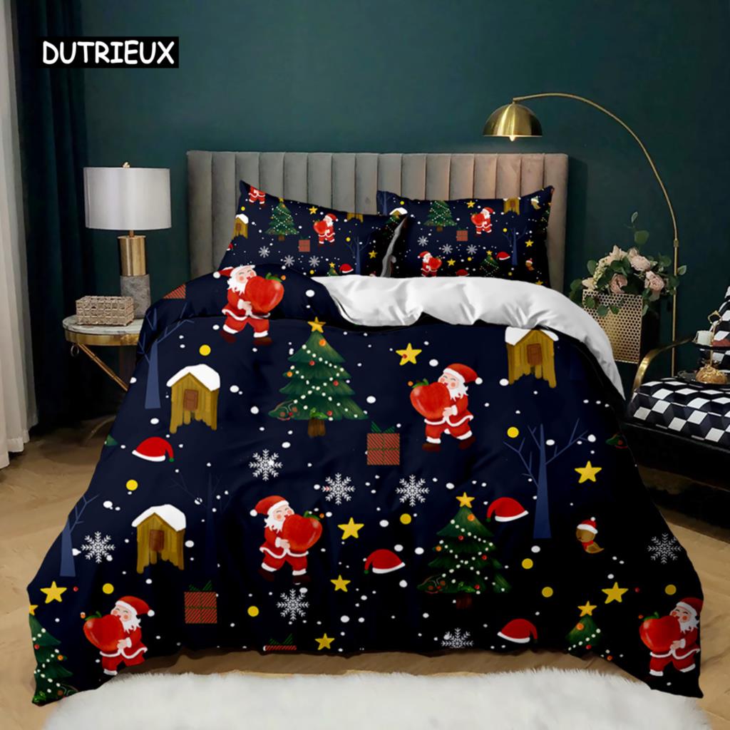 Set husă de plapumă de Crăciun Set de lenjerie de pat imprimat cu Moș Crăciun și reni Crăciun Fericit Crăciun Set de plapumă din poliester Lenjerie de pat moale