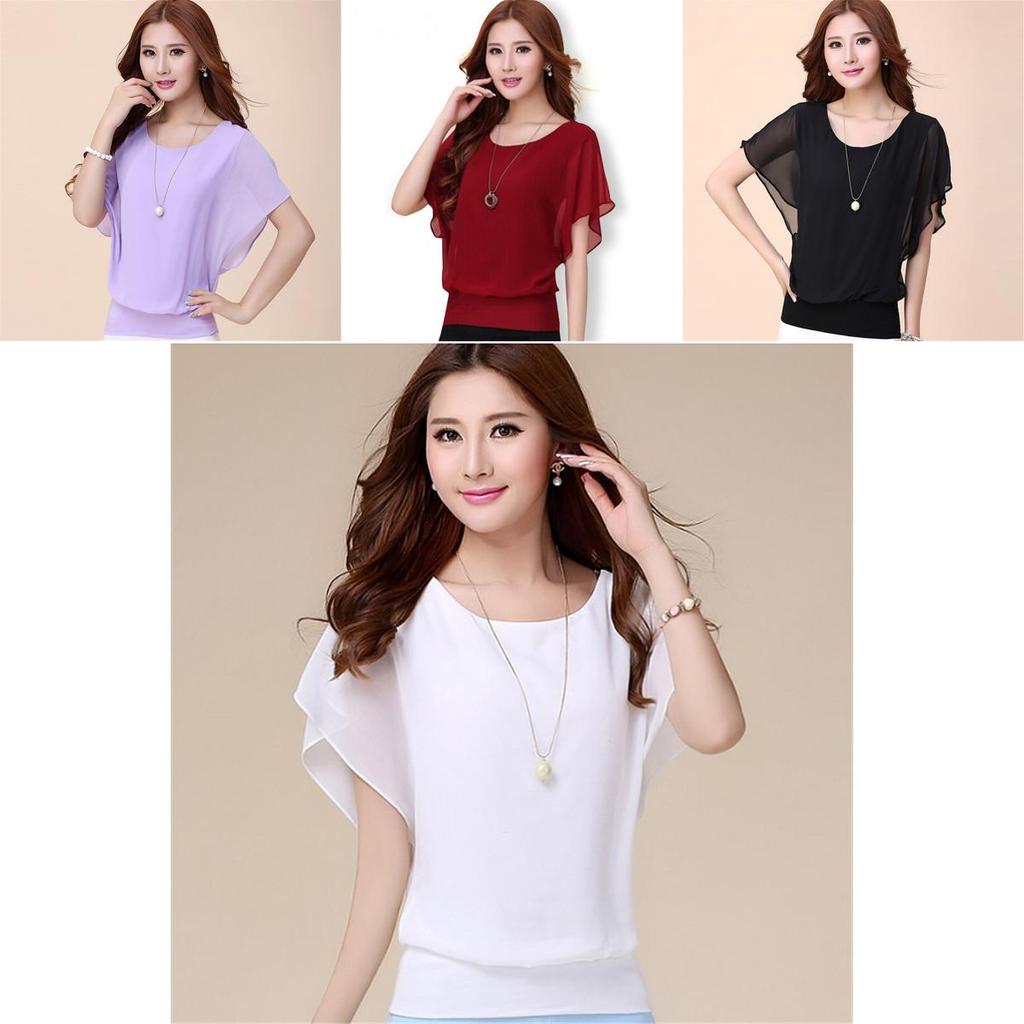 Luxurious Plus Size Chiffon Blouse With Elegant Ruffle Batwing Short Sleeves