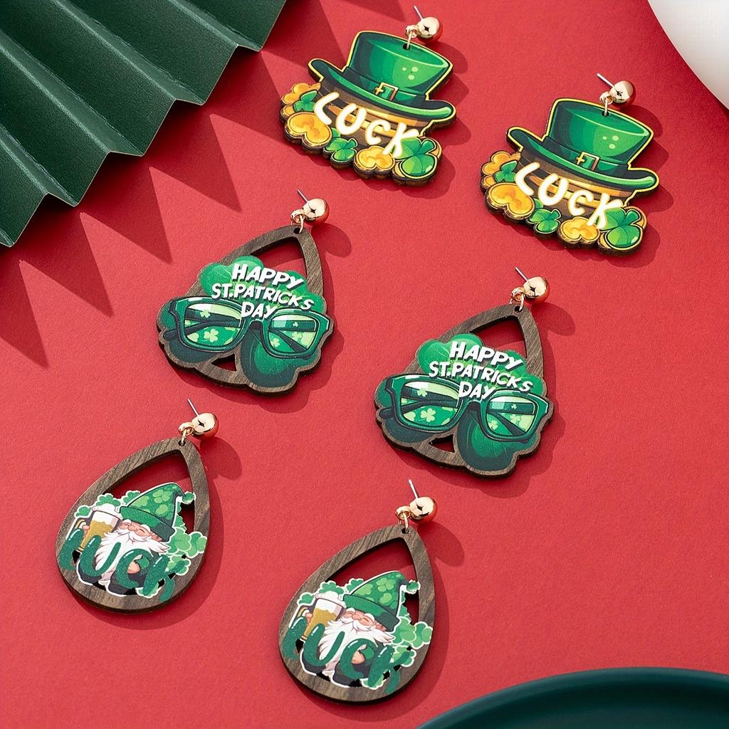 1 set of 3 pairs of new St. Patrick's Day earrings lucky grass rainbow beard wooden