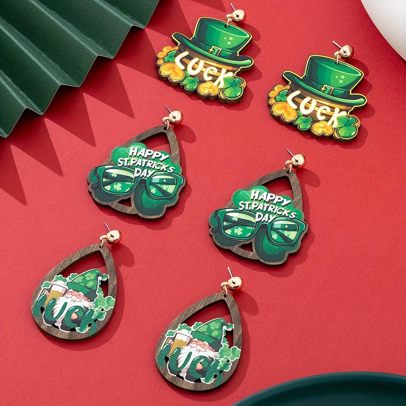 

1 set of 3 pairs of new St. Patrick s Day earrings lucky grass rainbow beard wooden