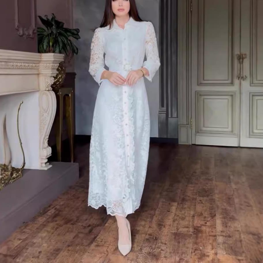 

Sexy Lace See-Through Polo Collar Button-Up Long-Sleeved Dress XXL