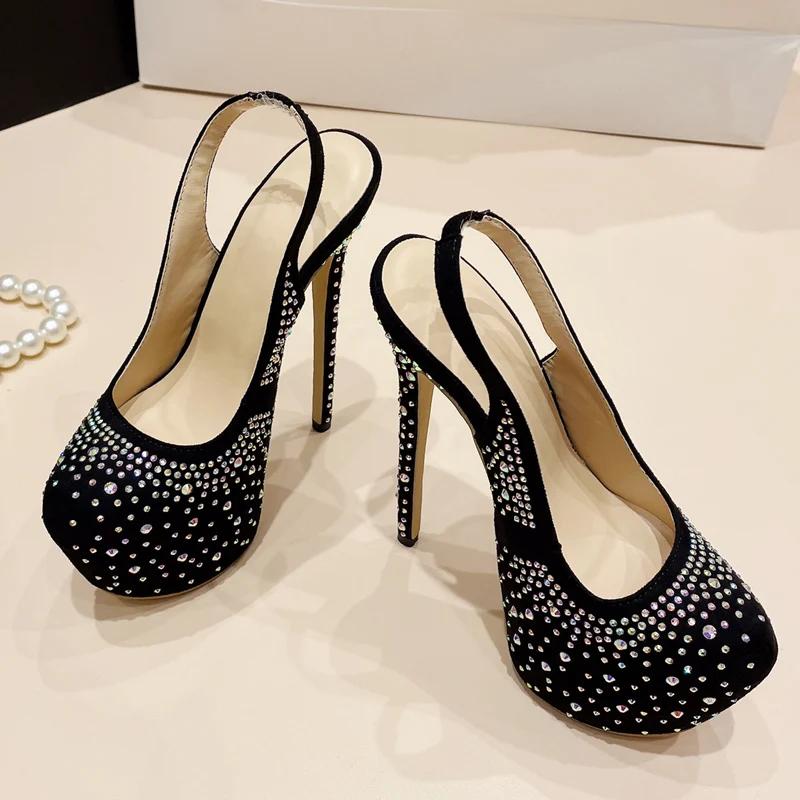 

Женские туфли-лодочки Eilyken, пикантные босоножки на очень высоком каблуке и платформе, дизайнерские шелковые туфли-стриптизеры с круглым носком для вечеринок 35 чёрный