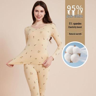 Women's Pure Cotton Cartoon Print Warm Underwear Set - Autumn/Winter Thin Base Layer Sweater & Leggings