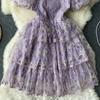 Summer Lace Hook Flower Embroidered Bubble Sleeve Dress for Womenfashion Slim Waist Dress Female A-line Cake Party Retro Dress