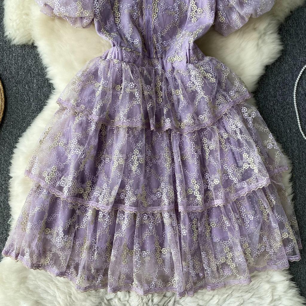 Summer Lace Hook Flower Embroidered Bubble Sleeve Dress for Womenfashion Slim Waist Dress Female A-line Cake Party Retro Dress