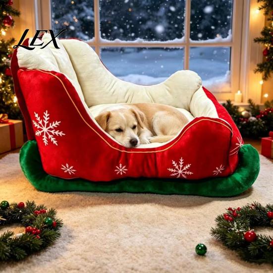 Christmas Pet Photo Prop Sleigh Shaped Bed, Cozy Holiday Cat Dog Sofa Anti?Slip Base Stable Lounge Soft Cushion, Washable Sleeping Bed for