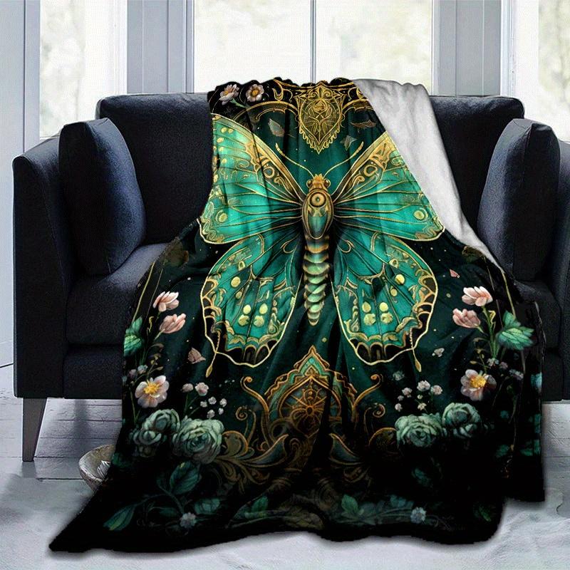 1pc Green Butterfly Printing Lightweight Flannel Blanket, Comfortable and Warm Blanket, for Camping Sofa Bed and Couch Office, Gift 100x150cm