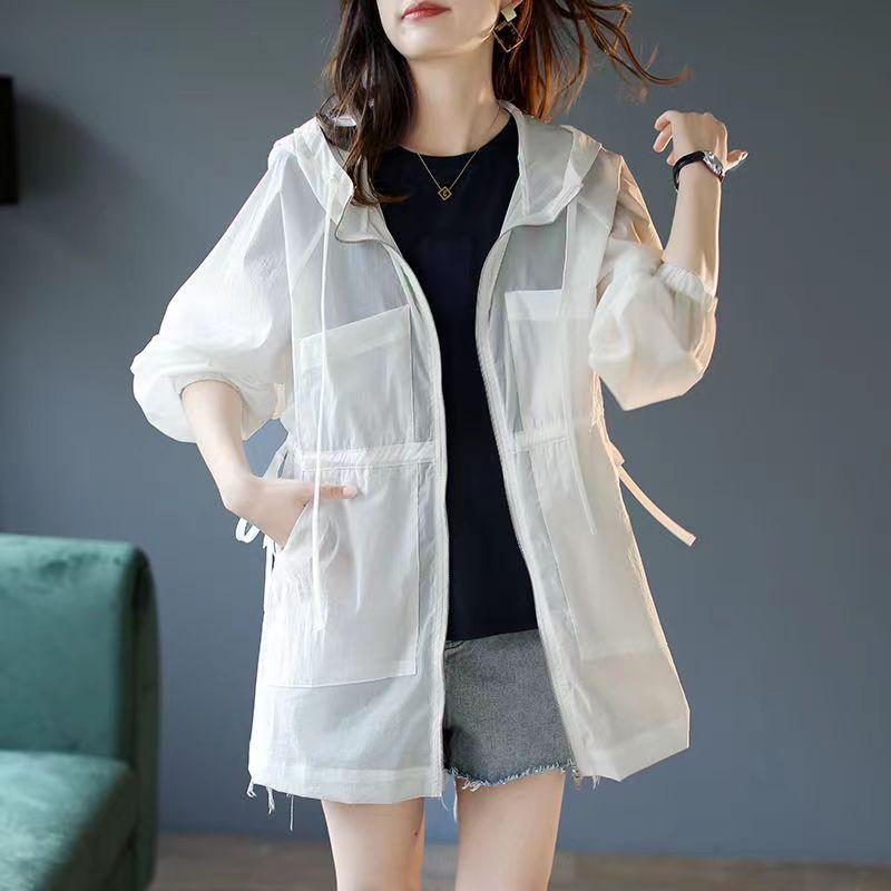 Summer Sunscreen for Women Drawstring Waist Mid-length Thin Windbreaker UV Protection Cardigan Lightweight Trench Coat
