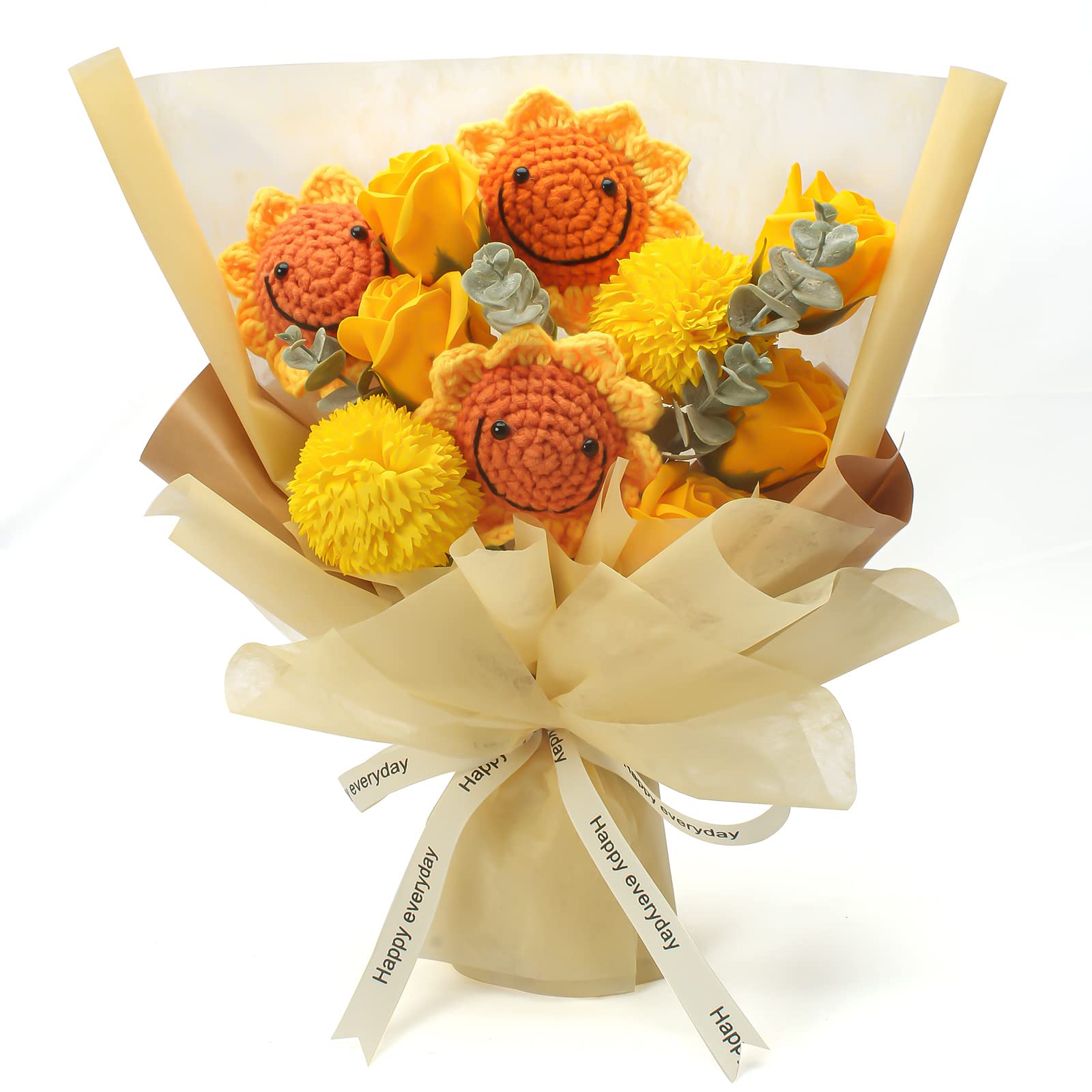 

LOZIZI Вязаный букет из мыльных цветов «Подсолнух» Плюшевый букет Подарок на выпускной Искусственный цветок из мыла Никогда не увядает В комплекте с открыткой для сообщения и оранжевый