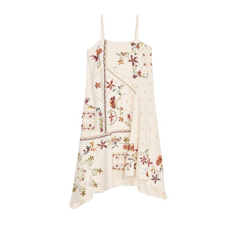 

Summer New Product Women s Clothes Cotton Blended Straight Collar Contrast Color Flower Embroider Decoration Asymmetric Dress 5107079 Multi-color L