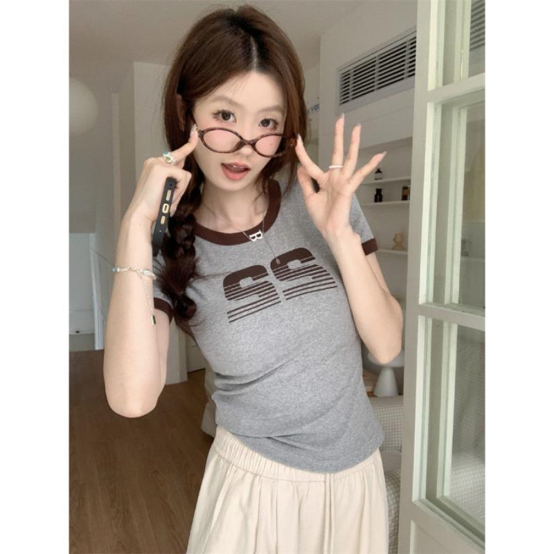 

Женская персонализированная футболка с короткими рукавами и принтом в виде американских букв, летний короткий облегающий топ для студентов XL серый