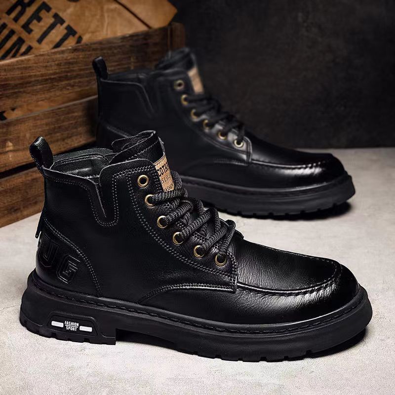 Pánské boty Martin z pravé kůže 2025 nové ležérní krátké boty pánské high-end americké retro střední výšky černé pracovní boty vlna