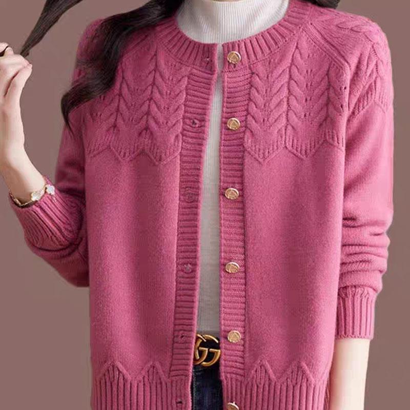 Women's Jacquard Knit Red Sweater Coat - Autumn 2025 Loose Round Neck Cardigan
