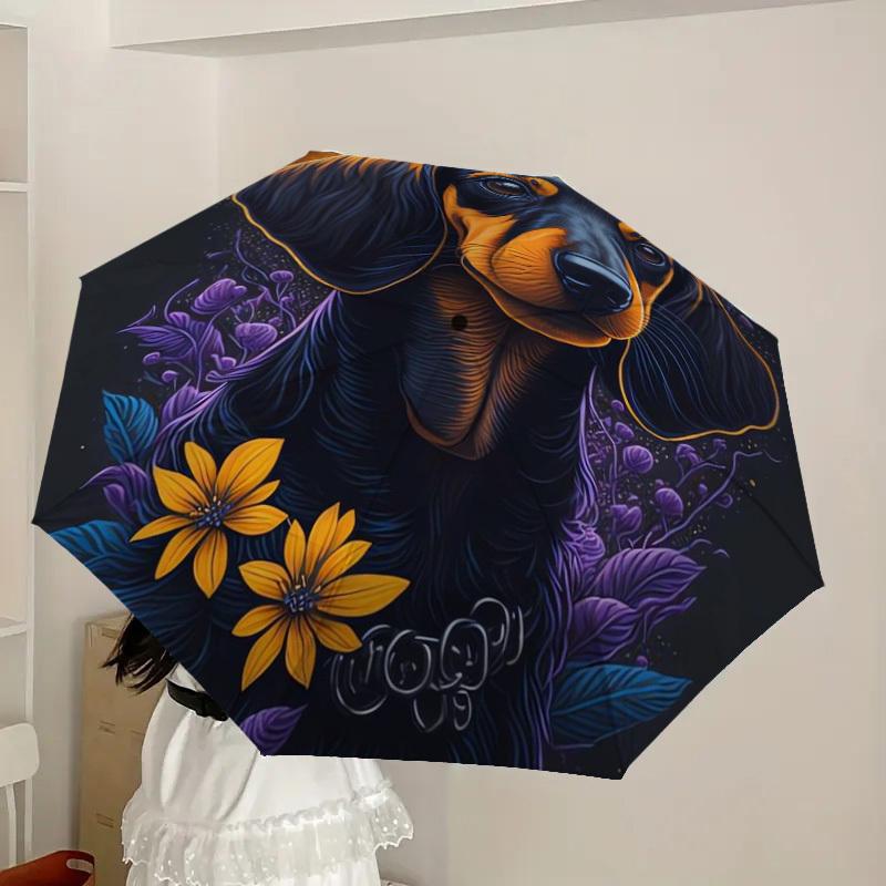 1 Stück Dackel Blumen Nacht Kunstwerk Regenschirm mit Kunststoffgriff, Geeignet für Alle Jahreszeiten Zuhause Reise Outdoor RegenschirmDD331