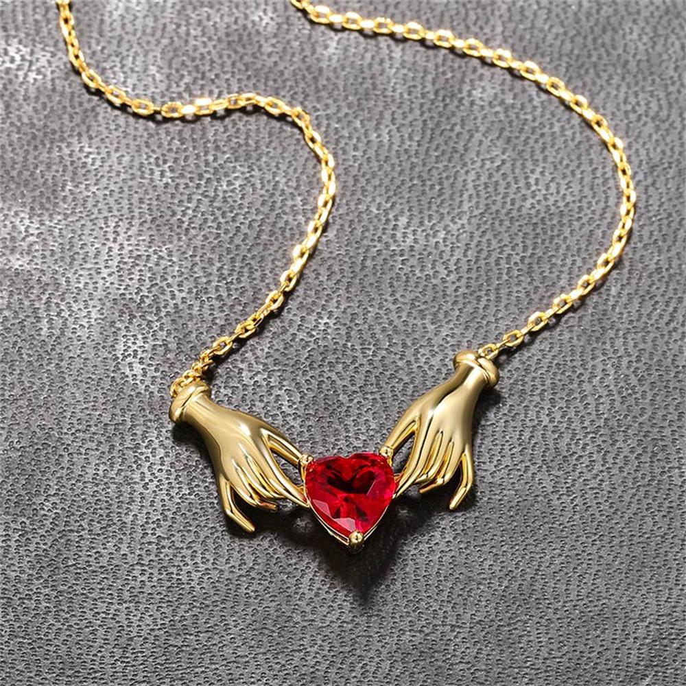 Creative God Hands Red Rhinestone Love Heart Charms Pendant Necklace for Women New Trendy Accessories Party Jewelry Gift