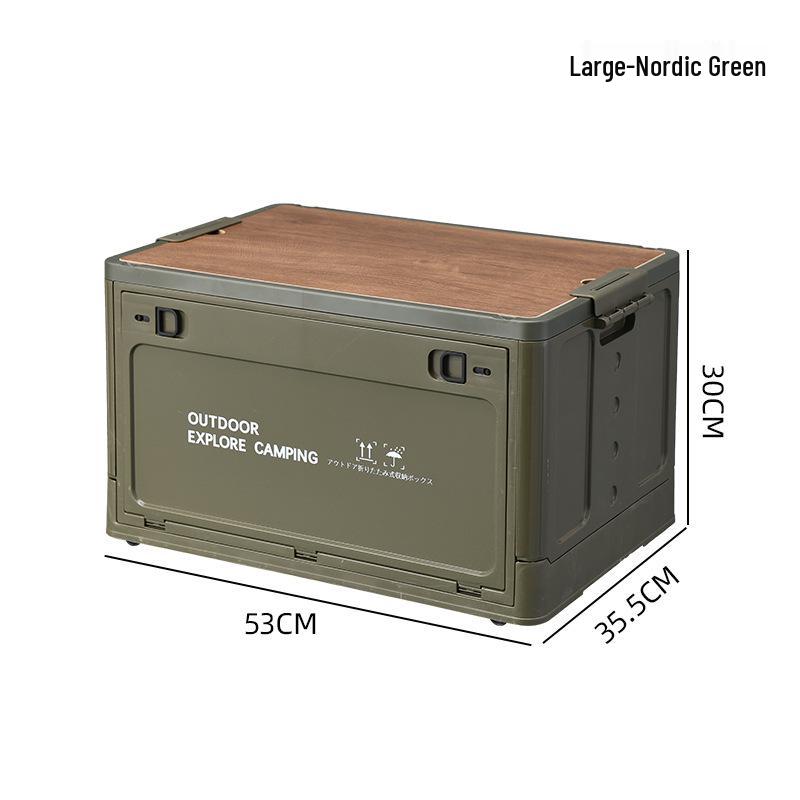 Portable Wheeled Camping Storage Box with Wooden Lid and Side-Opening Access