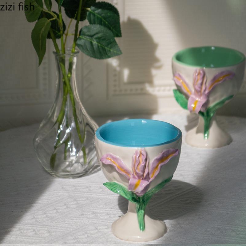 Handmade Flower Ceramic Mug Goblet Ice Cream Dessert Cup Water Cups Beverage Cups Juice Cup Wine Glass Coffee Mug Milk Mugs