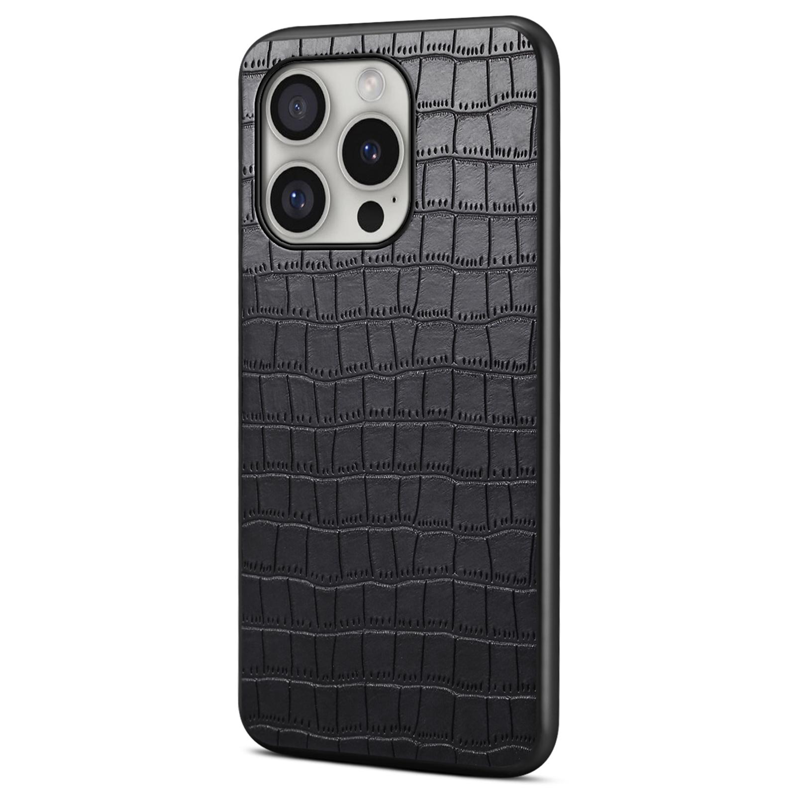 

For iPhone 16 Pro Case Crocodile Texture Leather Coated PC+TPU Phone Cover Black