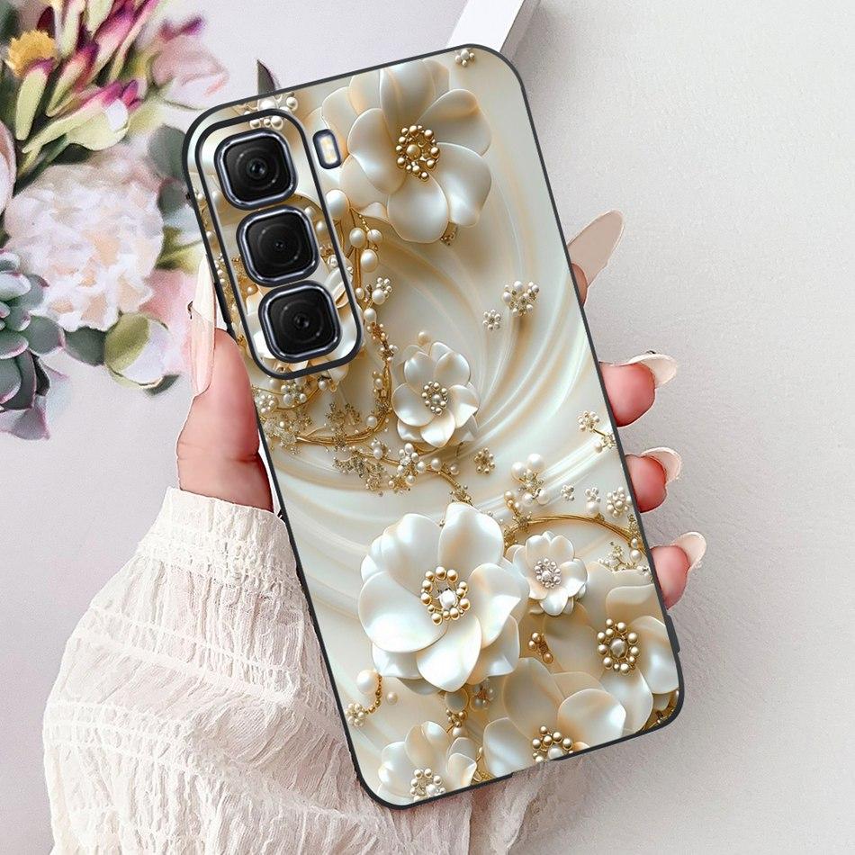 For Infinix Hot 50 4G Phone Case Hot 50 Pro+ 4G Hot50 Pro Elegant Floral Cat Pattern Black Silicone Soft TPU Cases