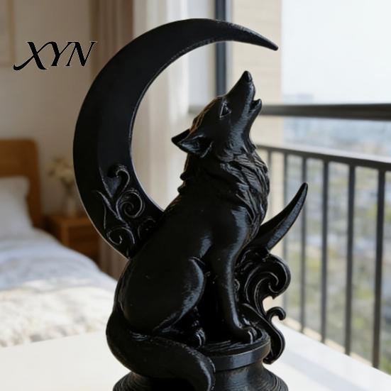 Scultura Urlante con Texture di Criniera di Lupo Dettagliata Stampata in 3D con Base a Luna Crescente, Arte Solitario Opaco Finitura Nera Arte da Collezione, Statua Gotica per