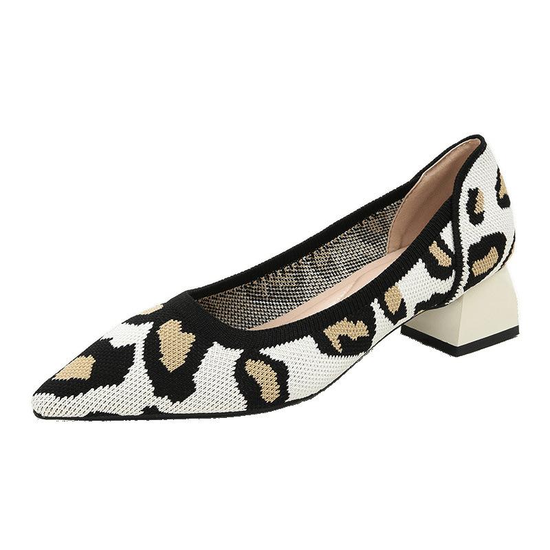 New thick heel knitted shoes temperament versatile fashion leopard print color matching pointed shoes woven shoes