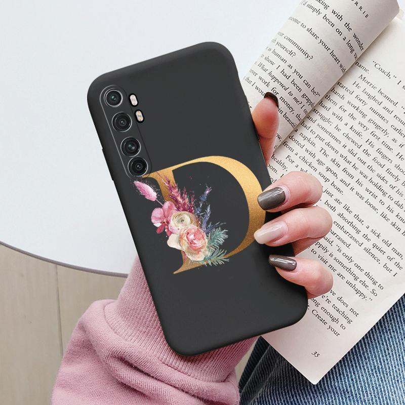 Letter Case For Xiaomi Mi Note 10 Lite Back Cover Retro Flowers Pink Black Soft TPU Initial Fundas For Xiaomi Note10 Lite Coque